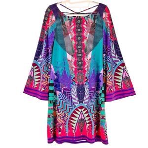 Hale Bob Flare Sleeve Dress Strappy Back Colorful Jewel Tones Boho Print Sz XS